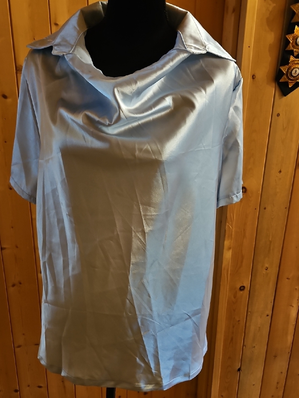 Light Blue Satin Cowl Neck Blouse